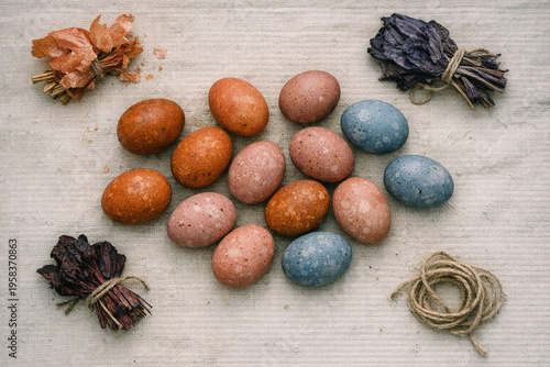 Natural Dyed Easter Eggs on Raw Canvas – Documentary Flat Lay