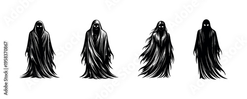 Spooky silhouette illustration of hooded figures, black and white vector art, halloween theme
