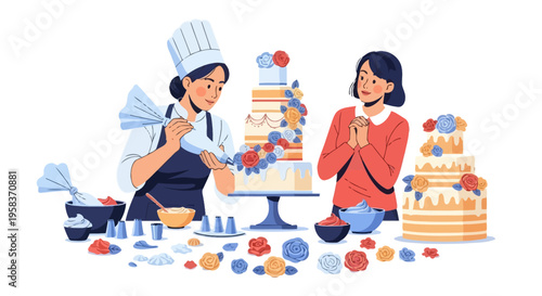 Two women decorating a beautiful tiered cake with frosting.