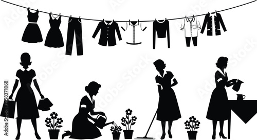 household chores silhouettes, women daily activities, laundry cleaning gardening icons, vintage domestic lifestyle illustration, retro housework concept, black vector design