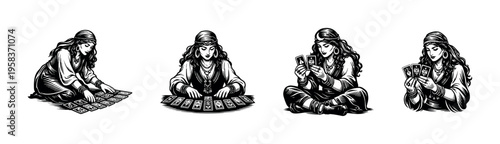 Gypsy fortune teller illustrations, tarot card reading, black and white vector art, silhouette designs