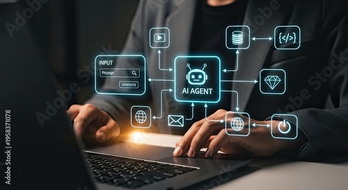 AI agent interface with user interacting on laptop