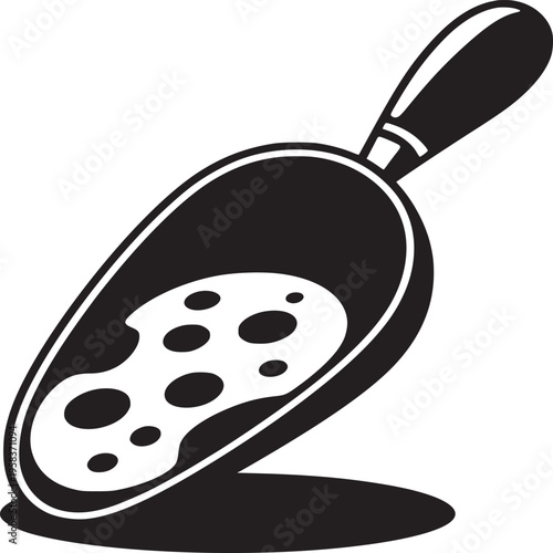 A black and white illustration of a scoop filled with a substance with circular indentations in it
