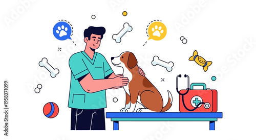 Veterinarian examining a dog on a table with medical equipment.