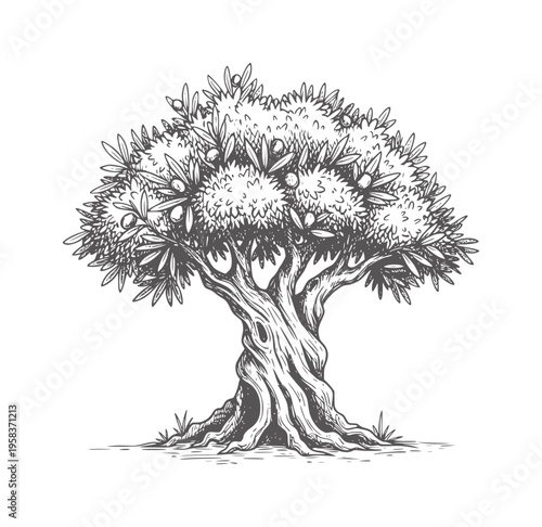 Hand drawn of an ancient olive tree with olives and textured bark