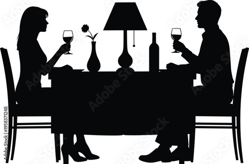 romantic dinner couple silhouette, man woman dining together, candlelight date scene, restaurant evening concept, love relationship illustration, black vector artwork