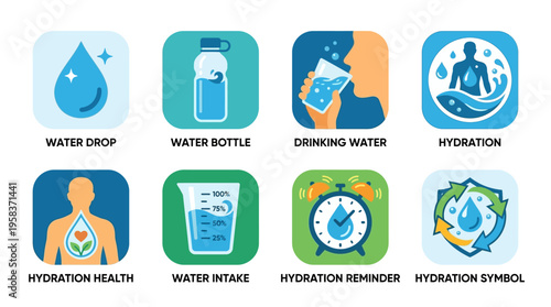 A vector illustration depicts a person drinking water from a bottle with hydration symbols and a clock reminding of daily water intake for health.