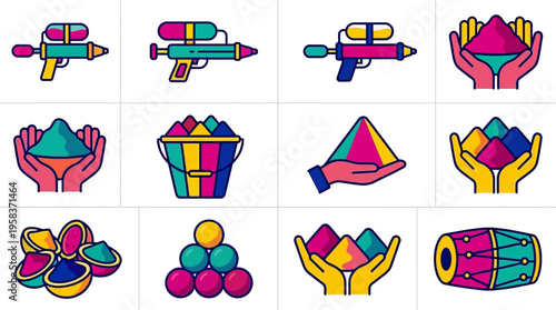 A vibrant vector illustration shows colorful hands holding geometric shapes and Holi festival objects in a lively celebration scene with vector graphics.