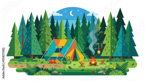 Vibrant Campsite Scene with Tents and Campfire in Forest.