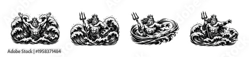 Poseidon or neptune god of the sea vector silhouette illustrations with trident and waves