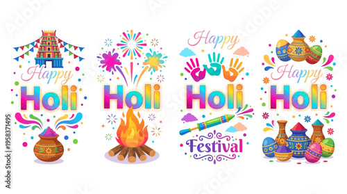 Vibrant vector illustrations celebrate Holi festival with colorful powders and joyful scenes of people at a lively outdoor event.