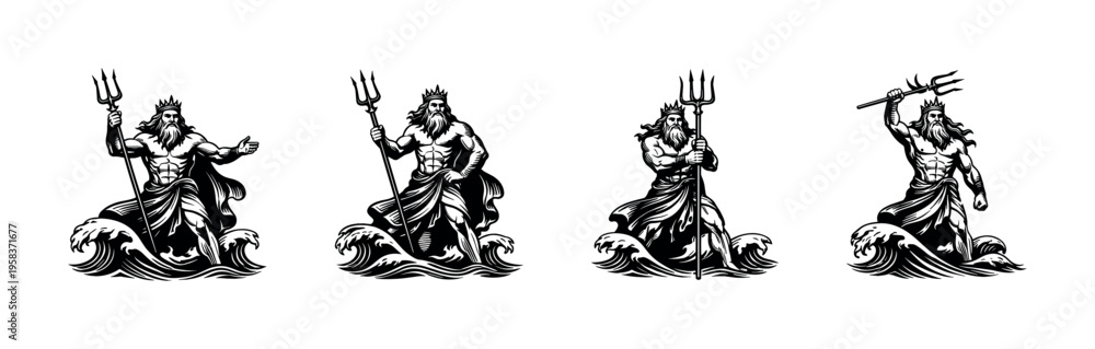 Obraz premium Poseidon god vector illustration set, mythological ocean warrior silhouette, black and white clipart