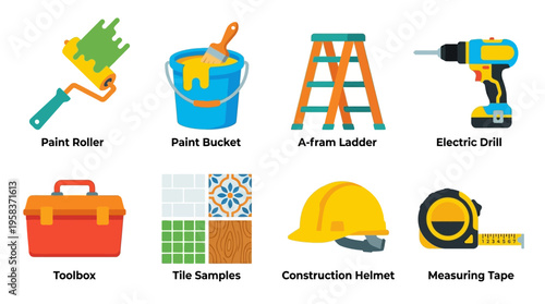 A vector illustration of a construction site with various tools and equipment on display including a paint roller and bucket.