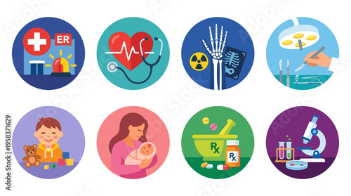 Vector icons of various professions and activities in a modern vector style