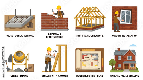Construction workers build vector house with brick walls and roof frame structure