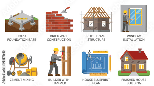 Construction process vector illustration of house building with workers and materials