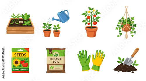 Gardener prepares vector garden with tools and plants in a serene outdoor setting with soil and seeds.