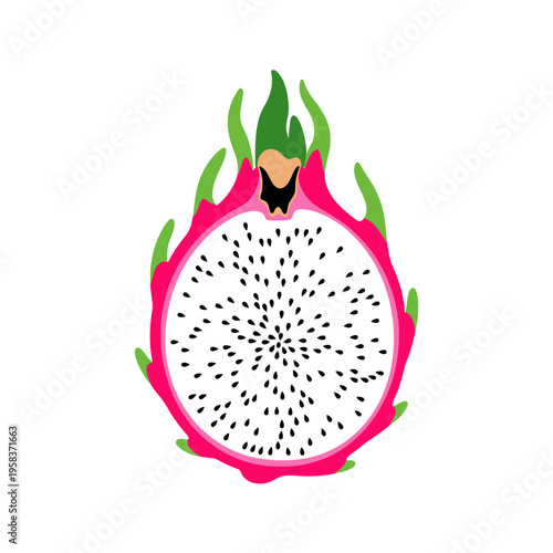 Vibrant Dragon Fruit Slice with White Flesh and Black Seeds.