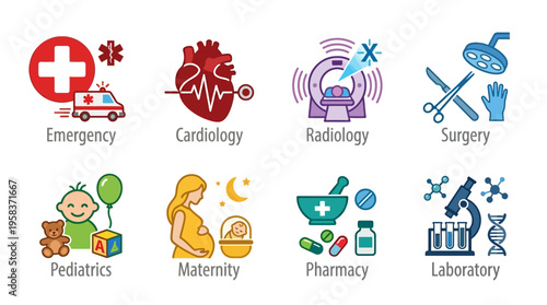 Medical icons showcasing vector graphics of emergency, cardiology, and other healthcare services in a modern style