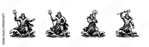 Poseidon god vector illustration set, mythological ocean warrior silhouette, black and white clipart