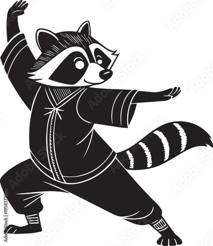 Minimalist Kung Fu Raccoon Mascot in Fighting Pose Black and White Vector