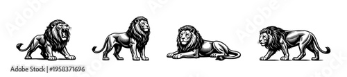 Black and white lion silhouette illustration, vector lion artwork, wildlife animal clipart