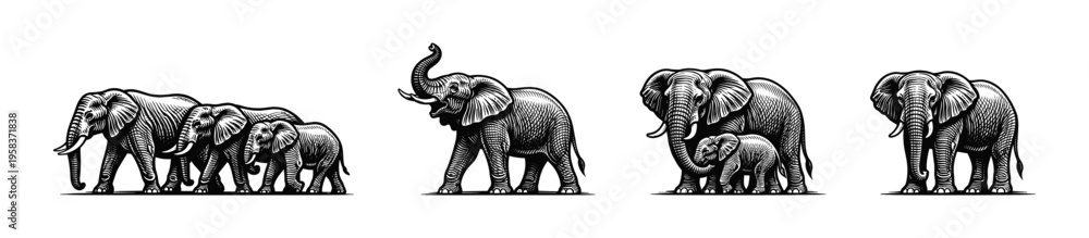 Fototapeta premium Black and white vector silhouettes of elephants with detailed line art illustrations