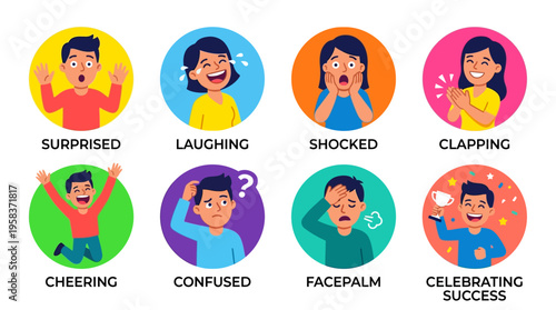 Vector illustrations of eight people displaying different emotions through facial expressions in colorful circular icons.