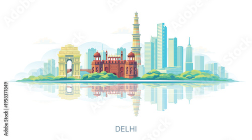 Delhi India city skyline with famous landmarks, modern flat illustration, cityscape with reflection, travel and tourism concept.