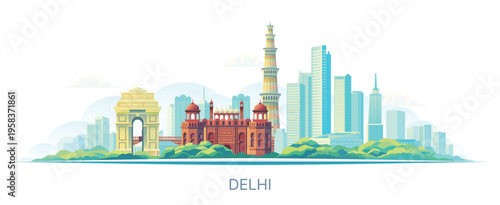 Delhi India city skyline with famous landmarks, modern flat illustration, cityscape with buildings, travel and tourism concept.