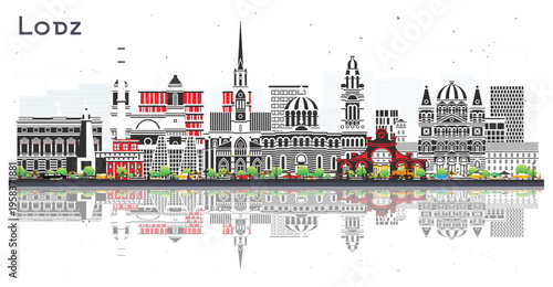 Lodz Poland City Skyline with Color Buildings and reflections isolated on white. Illustration. Lodz Cityscape with Landmarks. Tourism Concept with Historic Architecture.