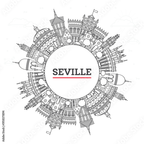 Outline Seville Spain City Skyline with Historic Buildings and copy space Isolated on White. Illustration. Seville Cityscape with Landmarks.