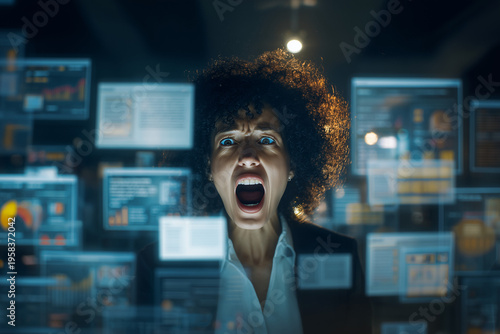 Overwhelmed office worker surrounded by floating UI windows, emails, charts and notifications in dark workspace, glowing screens highlighting multitasking chaos and digital overload.