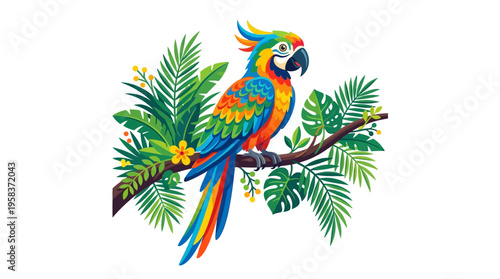 Vibrant Macaw Parrot Perched on a Branch with Tropical Leaves.