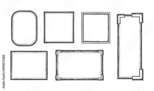 Six Hand Drawn Dark Grey Frames of Various Shapes and Sizes White border rectangle