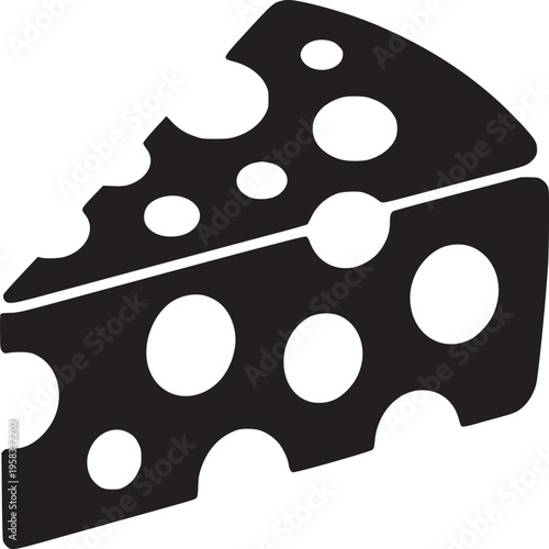 A black and white graphic illustration of a wedge of swiss cheese with holes on a white background