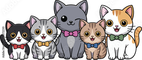 Adorable cartoon cats in colorful bow ties vector illustration for playful kids designs and pet characters