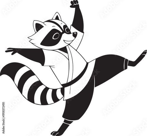 Minimalist Kung Fu Raccoon Mascot in Fighting Pose Black and White Vector