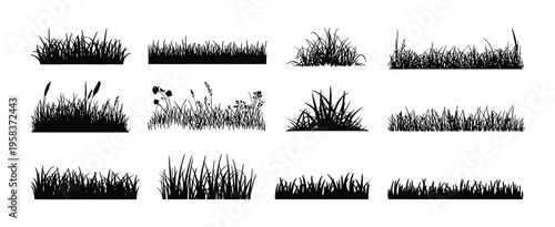 Grass Field Border Collection with Garden Lawn Silhouette Elements, Horizontal Green Grass Strips Vector Illustration Isolated on White Background