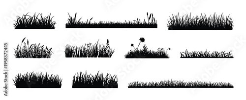 Grass Field Border Collection with Garden Lawn Silhouette Elements, Horizontal Green Grass Strips Vector Illustration Isolated on White Background