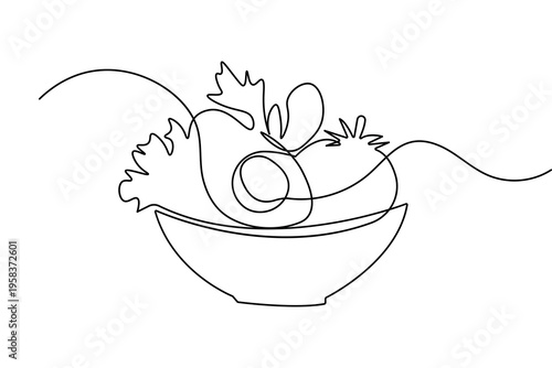 One line drawing of a healthy salad bowl minimalist food vector illustration on white background