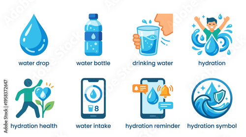 Vector graphics illustrate people drinking water from a bottle outdoors with drops and a hydration symbol nearby on a device.