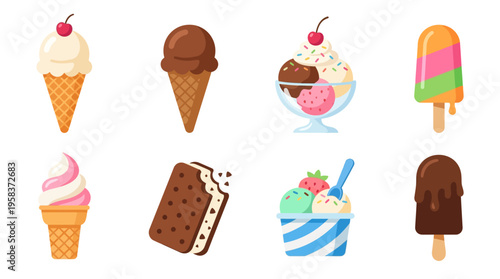 A vector illustration of various colorful ice cream treats including cones sundaes and popsicles.