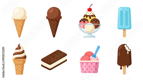Colorful vector graphics of various ice cream treats are displayed on a screen.