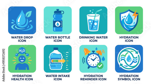 Vector icons illustrate drinking water concepts with a clock and shield on a colorful background with various objects.
