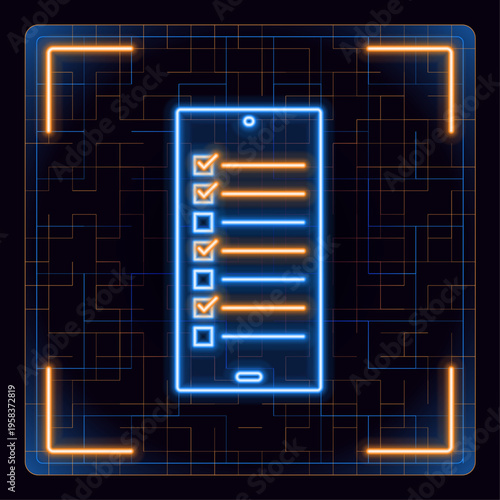 Flat checklist app on smartphone screen with check marks. Glowing icon with border grid vector.