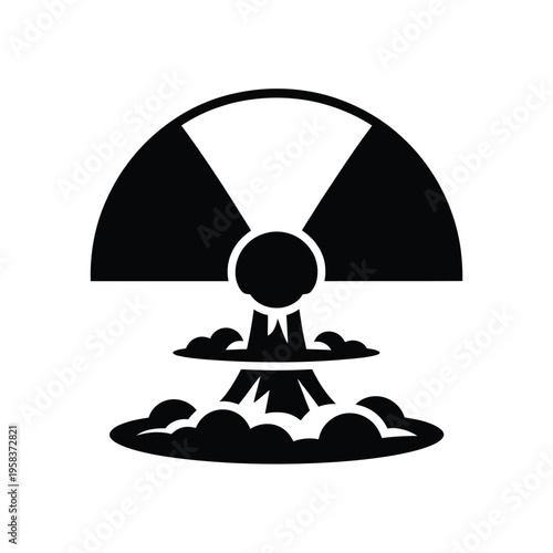 Simple black and white illustration depicting a nuclear explosion symbol