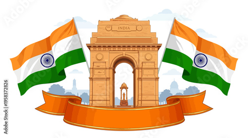 Vector illustration of India Gate monument with waving national flags and ribbon banner in New Delhi cityscape