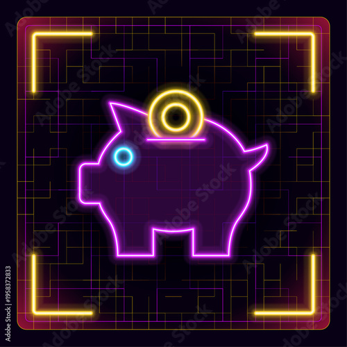 Piggy bank icon. Savings, privacy, financial protection, secure investments and risk management. Futuristic tech editable glowing illustration.