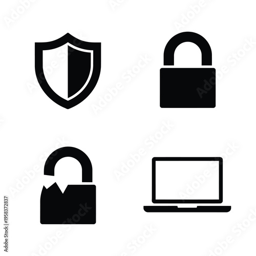 Security icons depicting protection locks and a laptop computer
